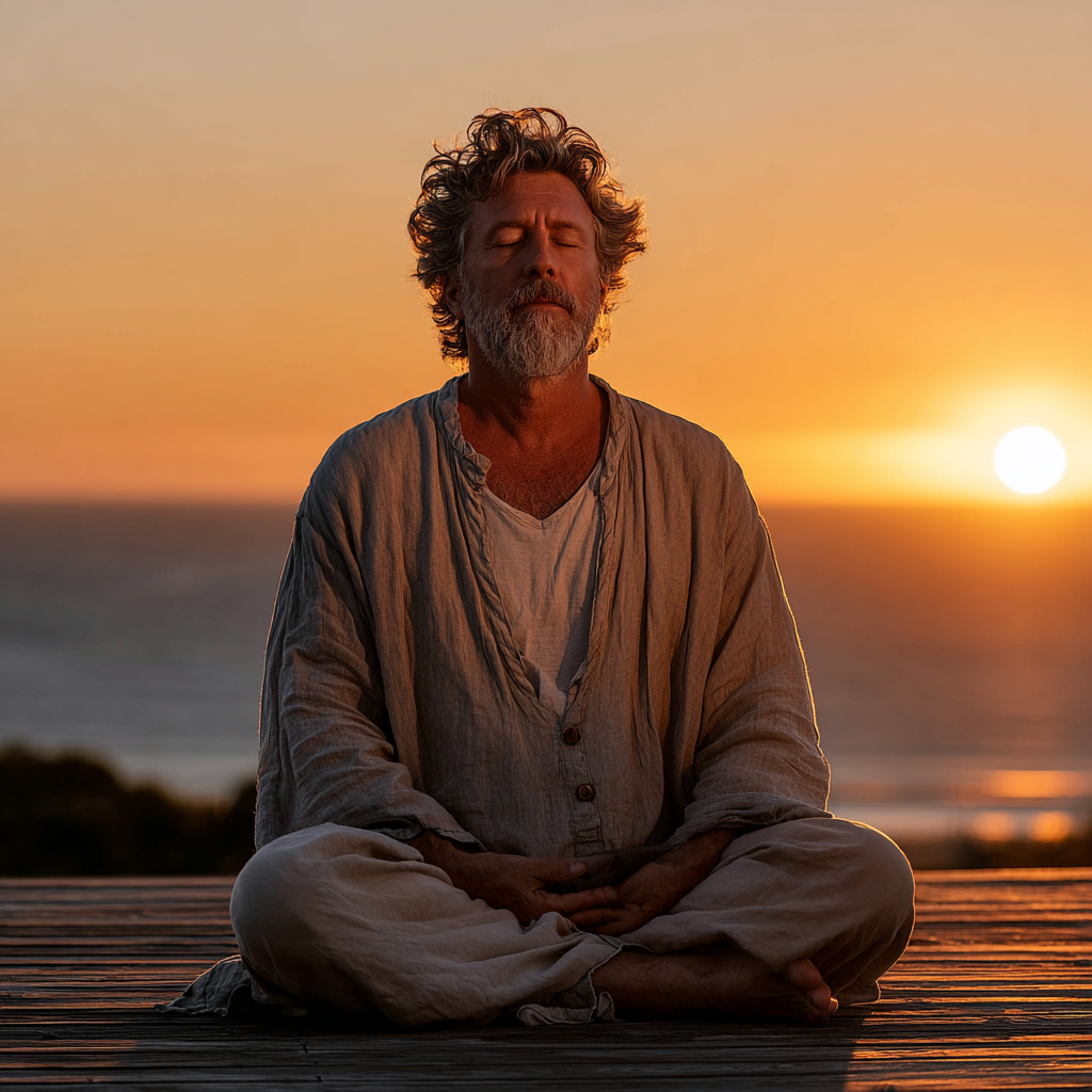 Man in his early 50s sitting in lotus position during sunrise meditation session on a wooden deck, wearing loose comfortable clothing, peaceful expression with eyes closed, warm golden morning light