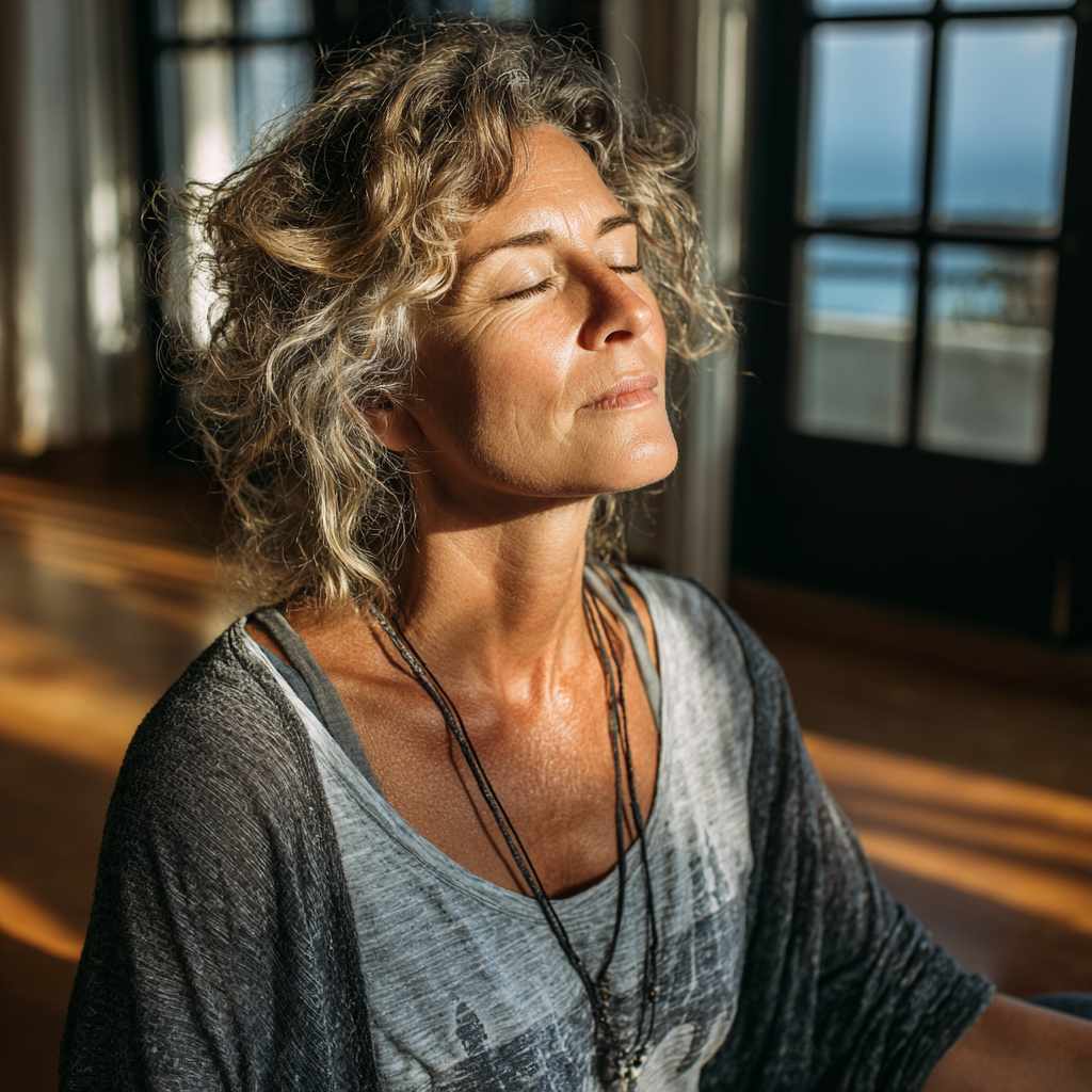 Middle-aged woman in her late 40s practicing yoga in a peaceful studio setting, sitting in a meditative pose with eyes closed, wearing comfortable yoga attire, soft natural light streaming through windows